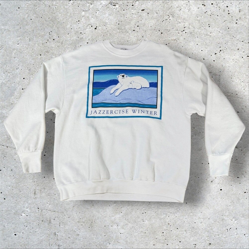 Vintage 90s Jazzercise Winter Polar Bear Sweatshirt Mens XL White Delta USA